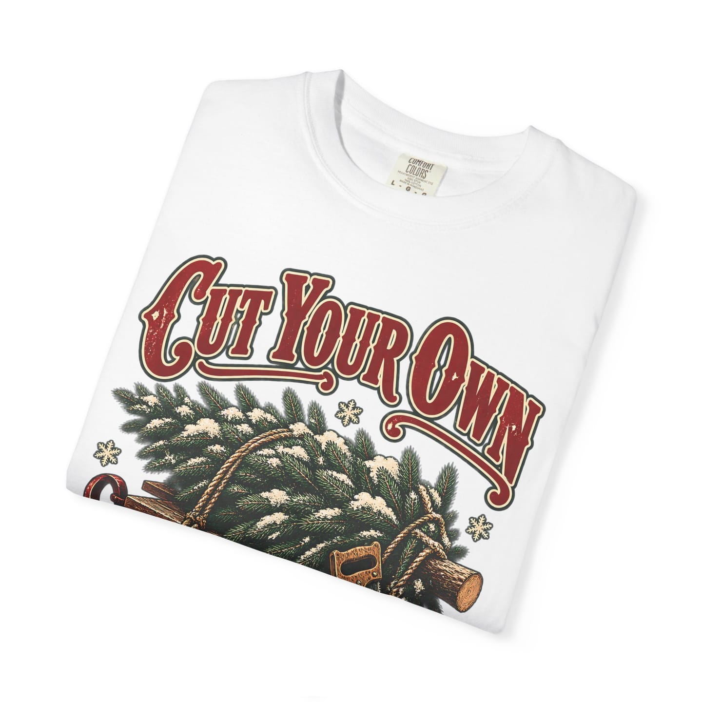 Christmas Tree Farm Shirt, Cut Your Own Christmas Tree Vintage Tee, Retro Sled and Saw Country Christmas Graphic Tee — view 3