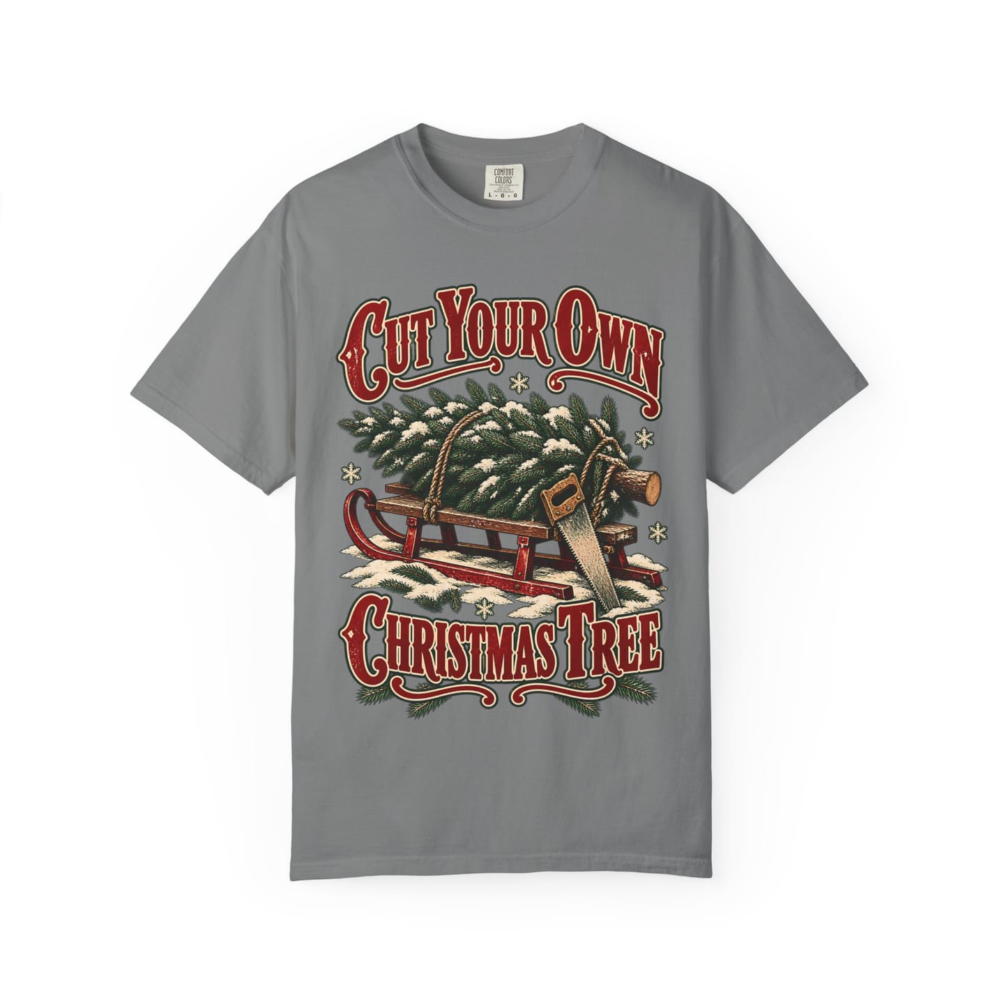 Christmas Tree Farm Shirt, Cut Your Own Christmas Tree Vintage Tee, Retro Sled and Saw Country Christmas Graphic Tee — view 12