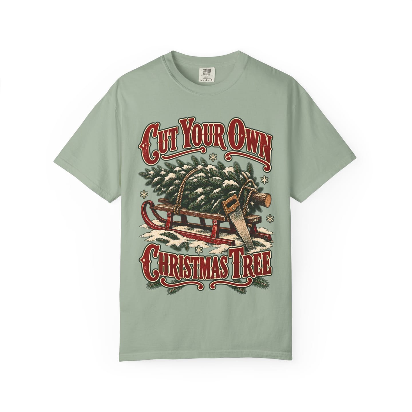 Christmas Tree Farm Shirt, Cut Your Own Christmas Tree Vintage Tee, Retro Sled and Saw Country Christmas Graphic Tee — view 16