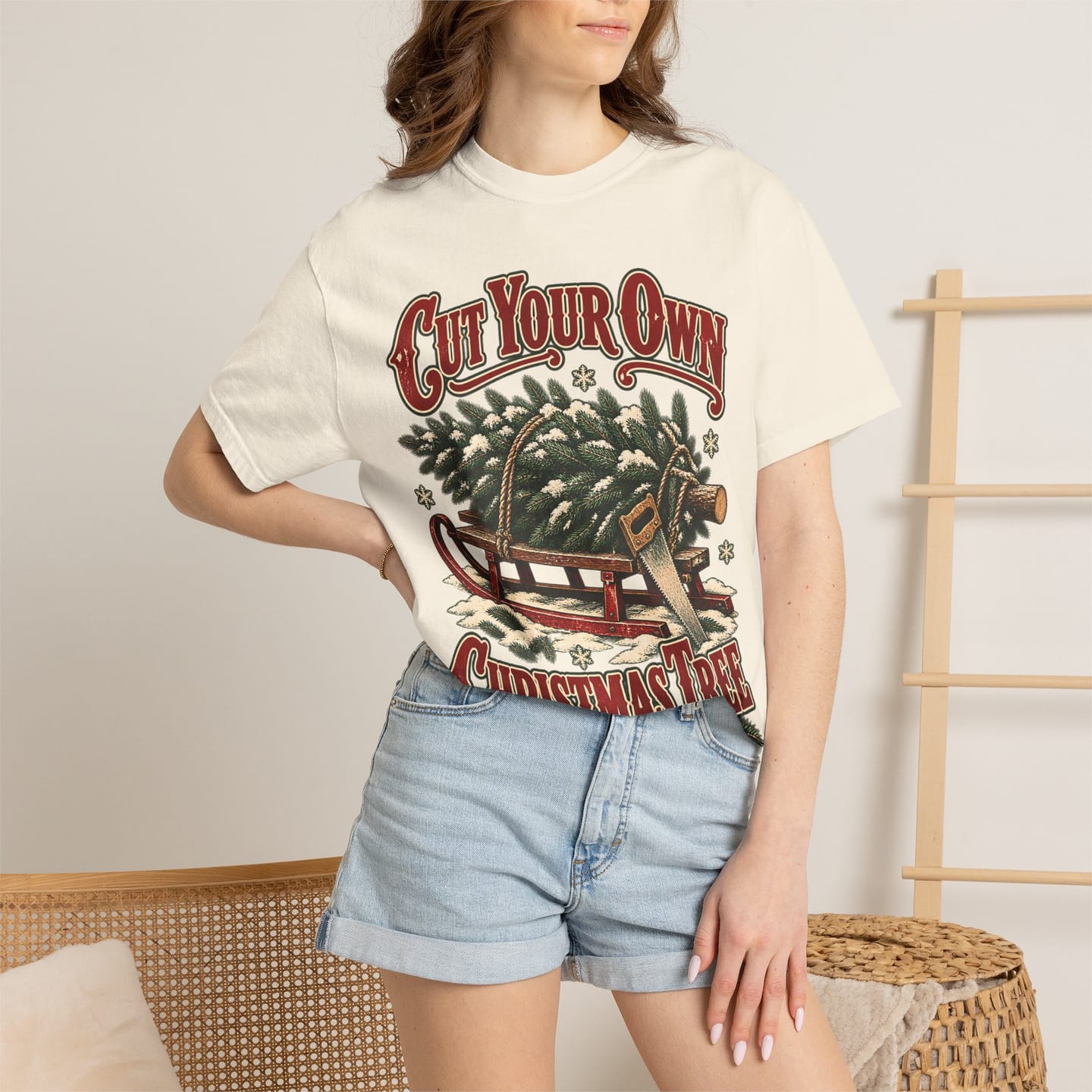 Christmas Tree Farm Shirt, Cut Your Own Christmas Tree Vintage Tee, Retro Sled and Saw Country Christmas Graphic Tee — view 11