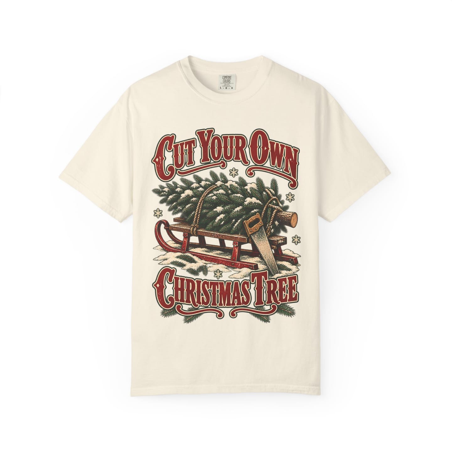 Christmas Tree Farm Shirt, Cut Your Own Christmas Tree Vintage Tee, Retro Sled and Saw Country Christmas Graphic Tee — view 7