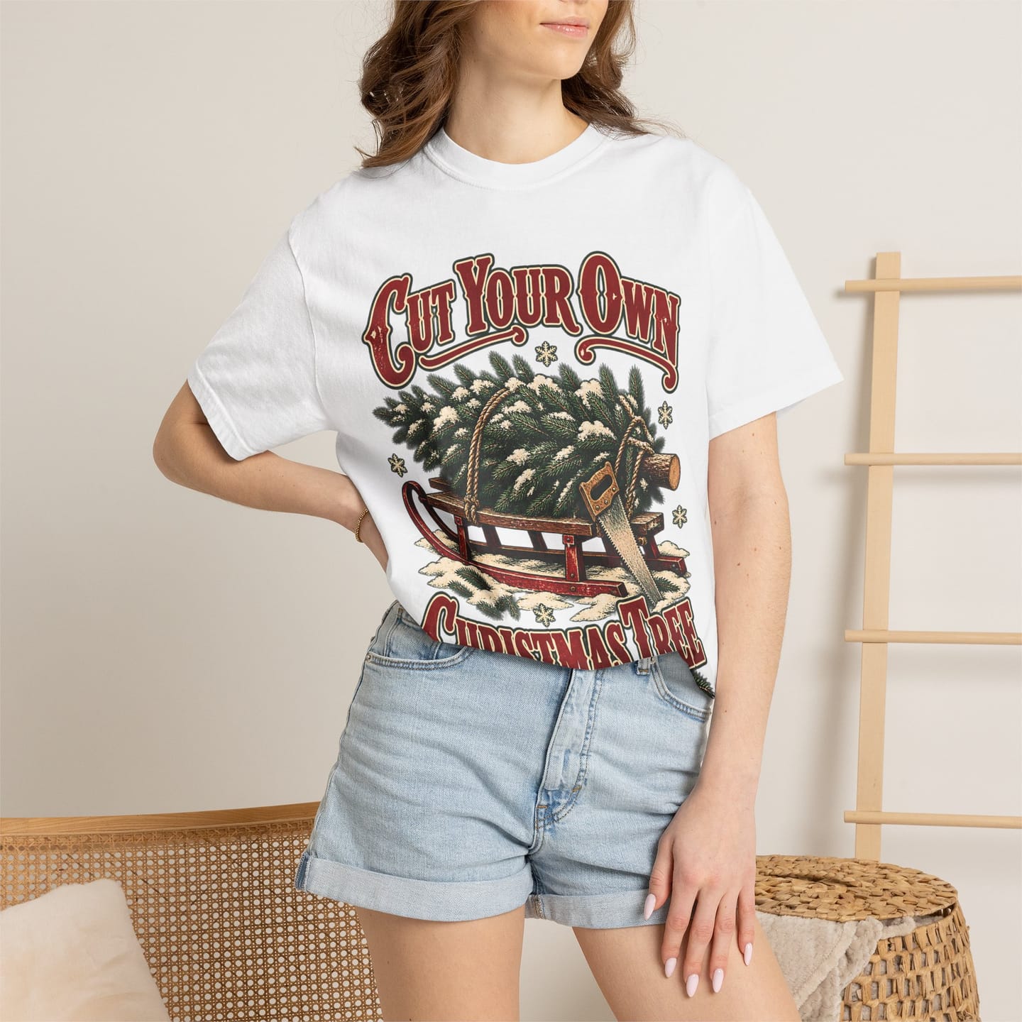 Christmas Tree Farm Shirt, Cut Your Own Christmas Tree Vintage Tee, Retro Sled and Saw Country Christmas Graphic Tee — view 6